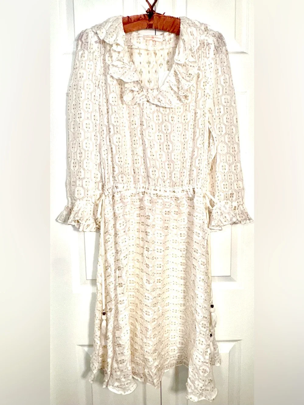 Tory Burch Jasmine Dress Ivory Gold Metallic Ruffle Silk Blend Sz 4 No slip NWT